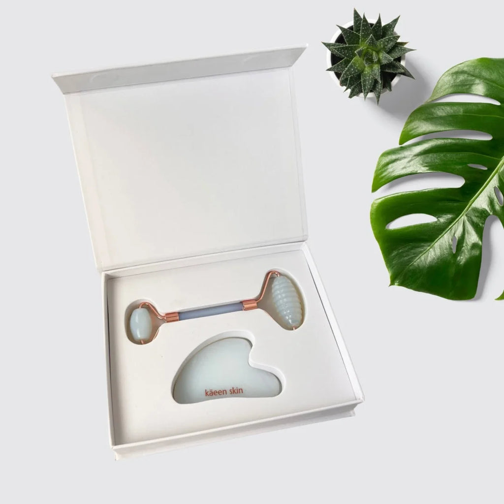 Käeen Opal/Rose Gold Ridged Jade Roller + Guasha Combo image 1